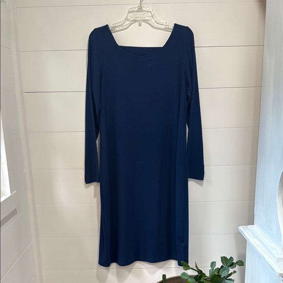 Eileen Fisher Deep Blue Ballet Neck Keyhole Length Long Sleeve Dress Size Medium - Picture 2 of 8